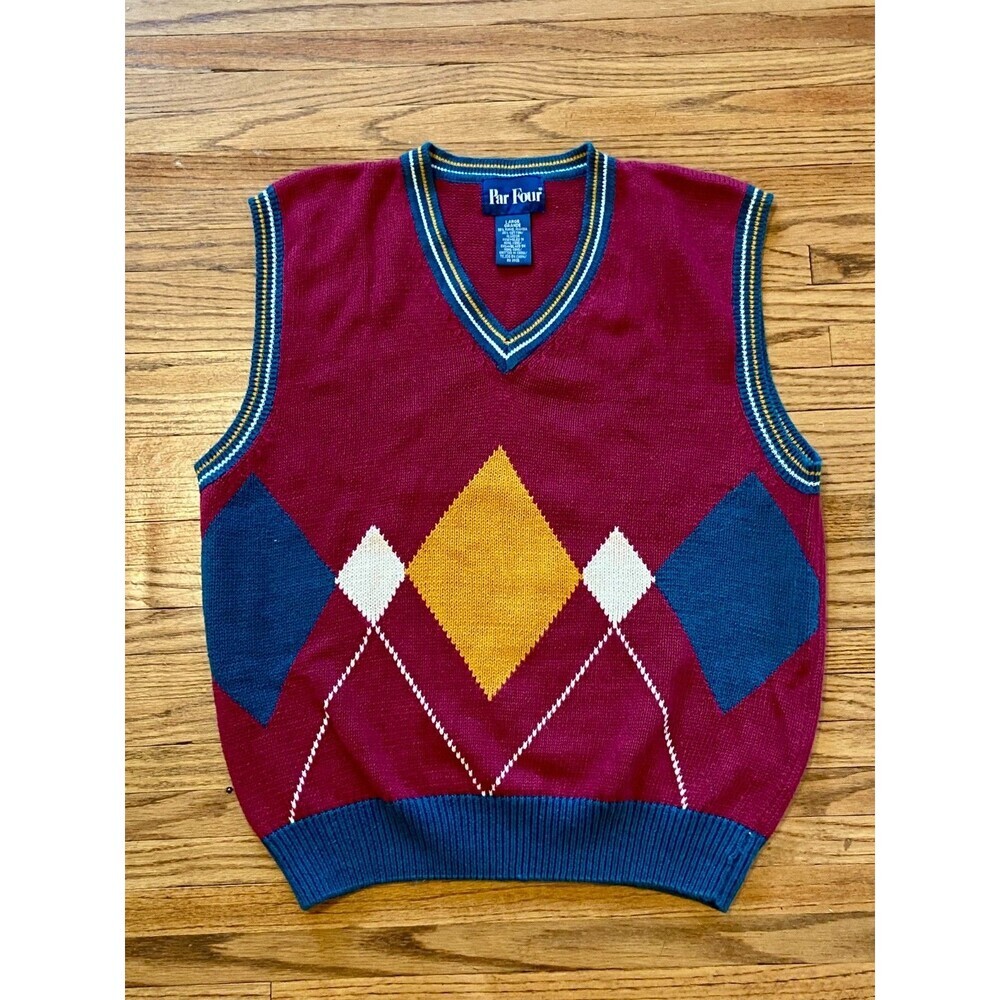 VTG Par Four Sweater Vest Argyle Cotton Diamond Golf Knit Preppy 90s Large Red